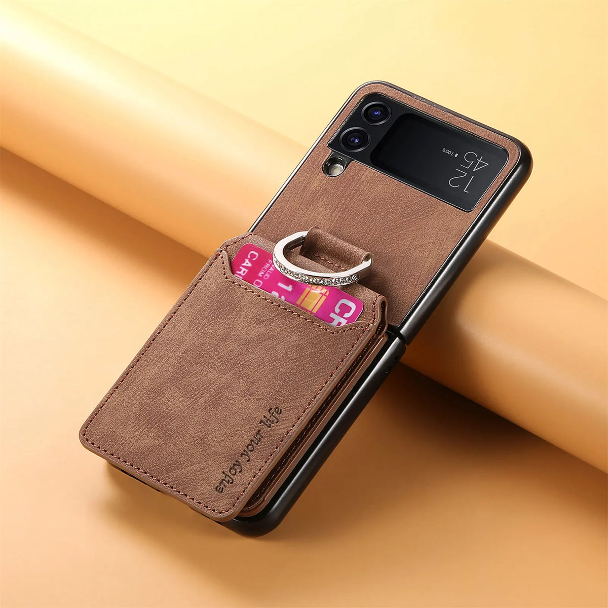 Brown vintage leather ring wallet case for Galaxy Z Flip
