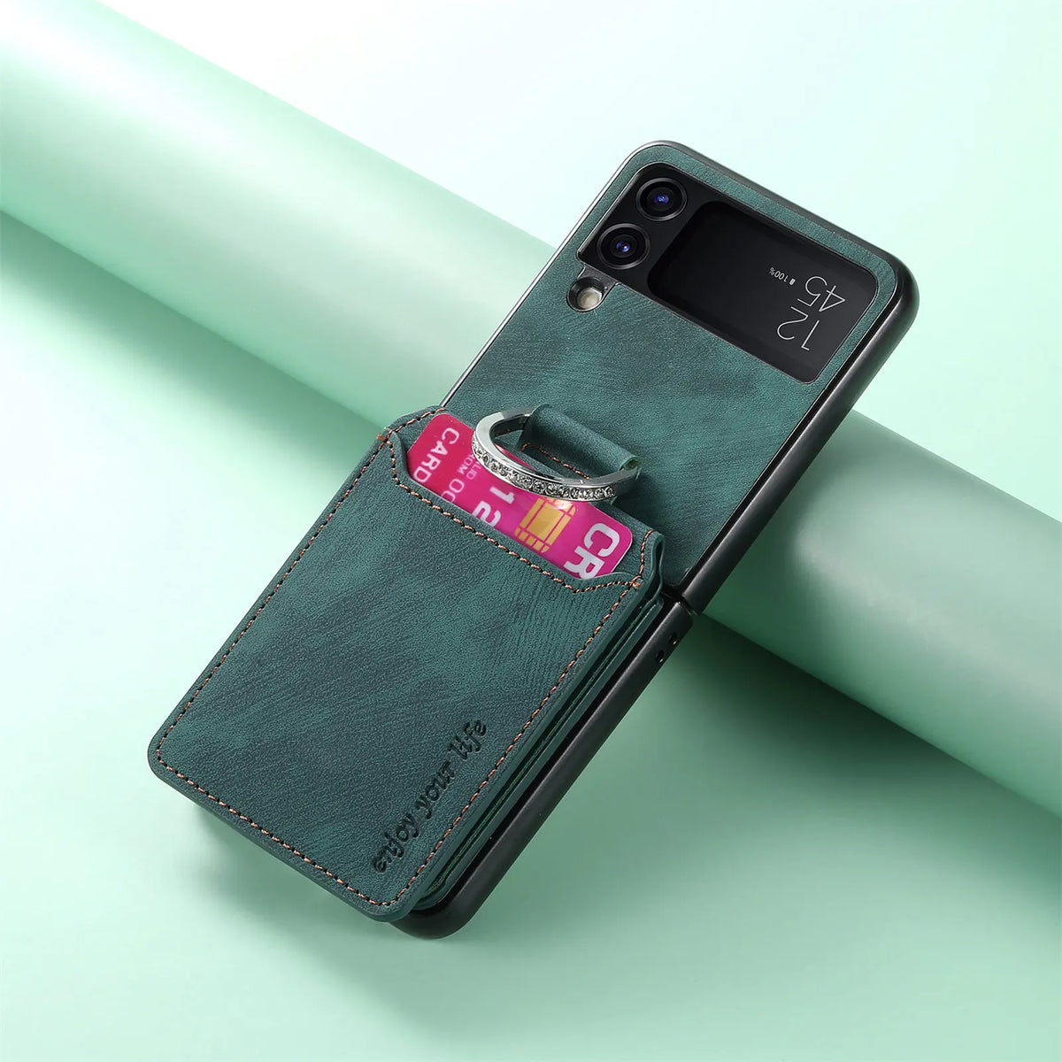 Green vintage leather ring wallet case for Galaxy Z Flip