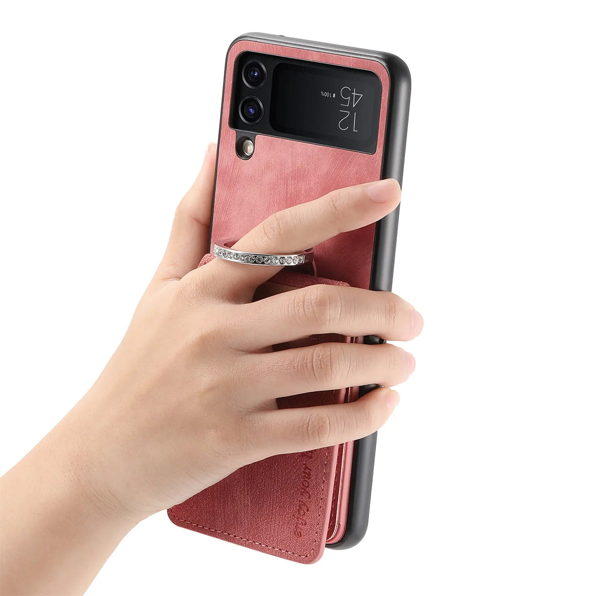 Finger through the ring holder on the pink Galaxy Z Flip wallet case
