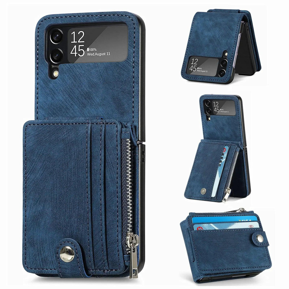 Blue detachable zipper wallet case for Galaxy Z Flip, back view with the card wallet open