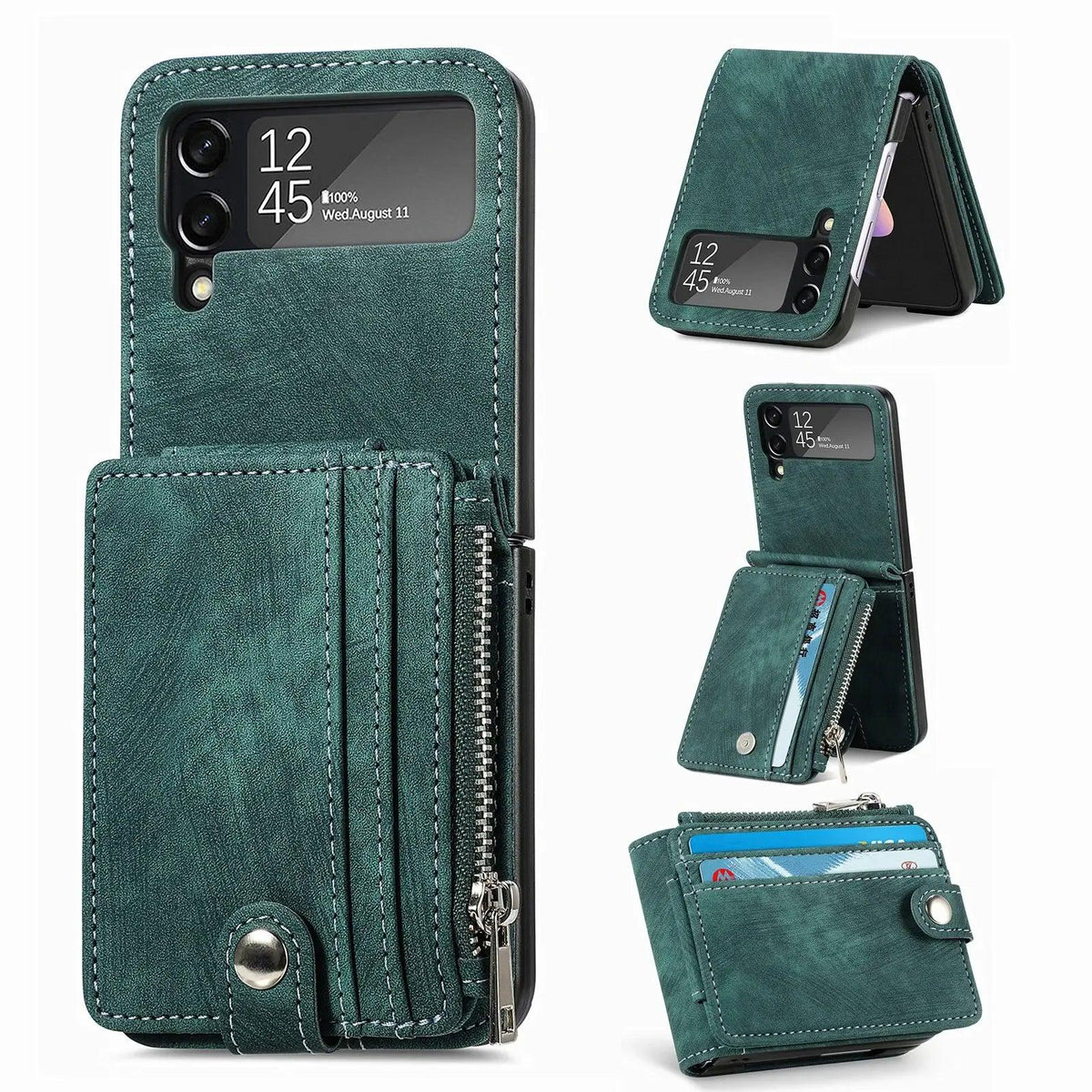 Green detachable zipper wallet case for Galaxy Z Flip, back view with the card wallet open