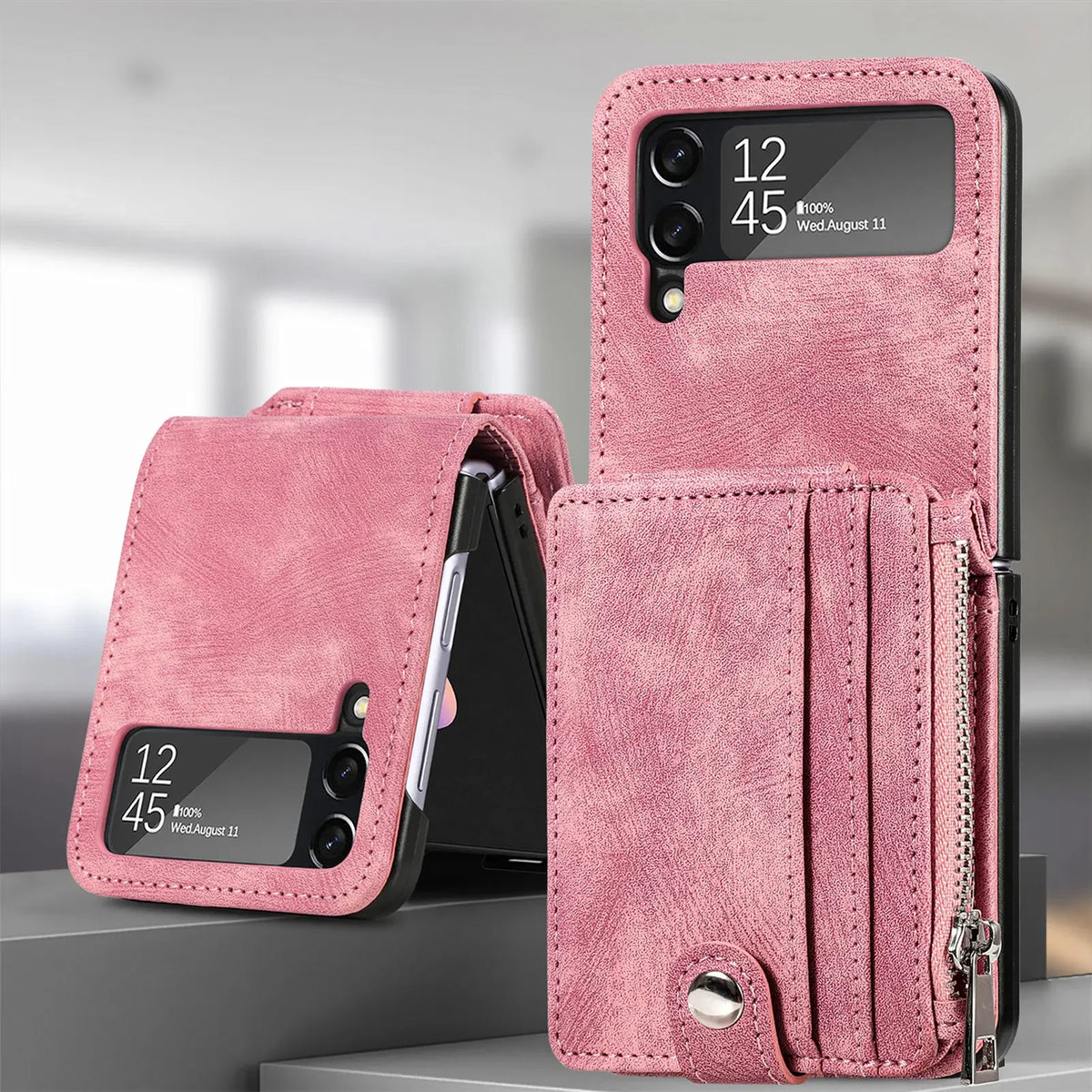 Pink retro leather detachable zipper wallet case for Galaxy Z Flip
