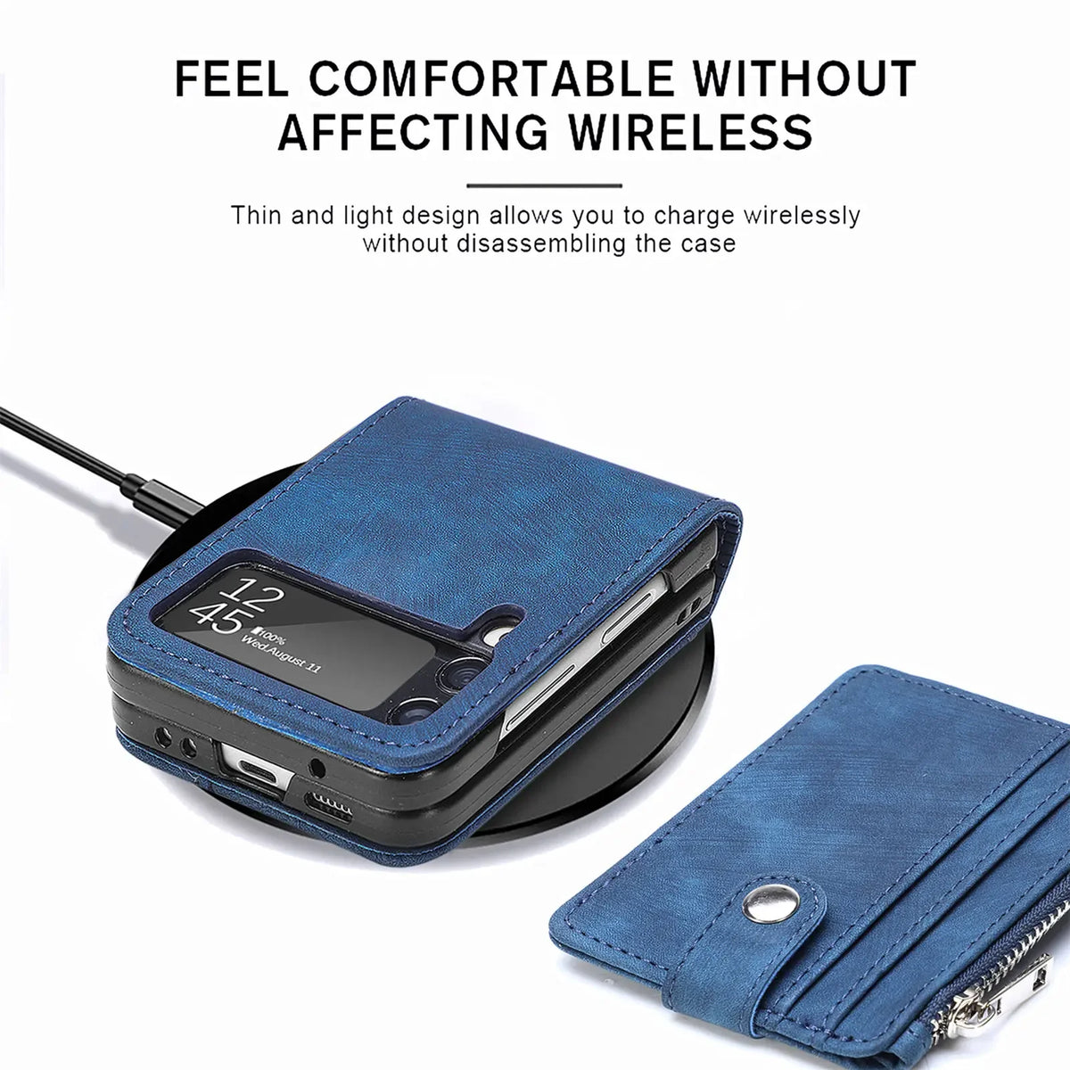 Blue Galaxy Z Flip wallet case charging on a wireless pad with the card wallet removed