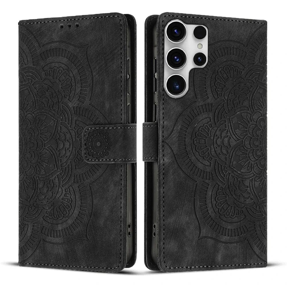 Black mandala embossed leather flip wallet case for Samsung Galaxy S26 to S20 series, front and back views
