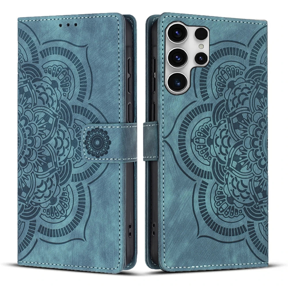 Blue mandala embossed leather flip wallet case for Samsung Galaxy S26 to S20 series, front and back views