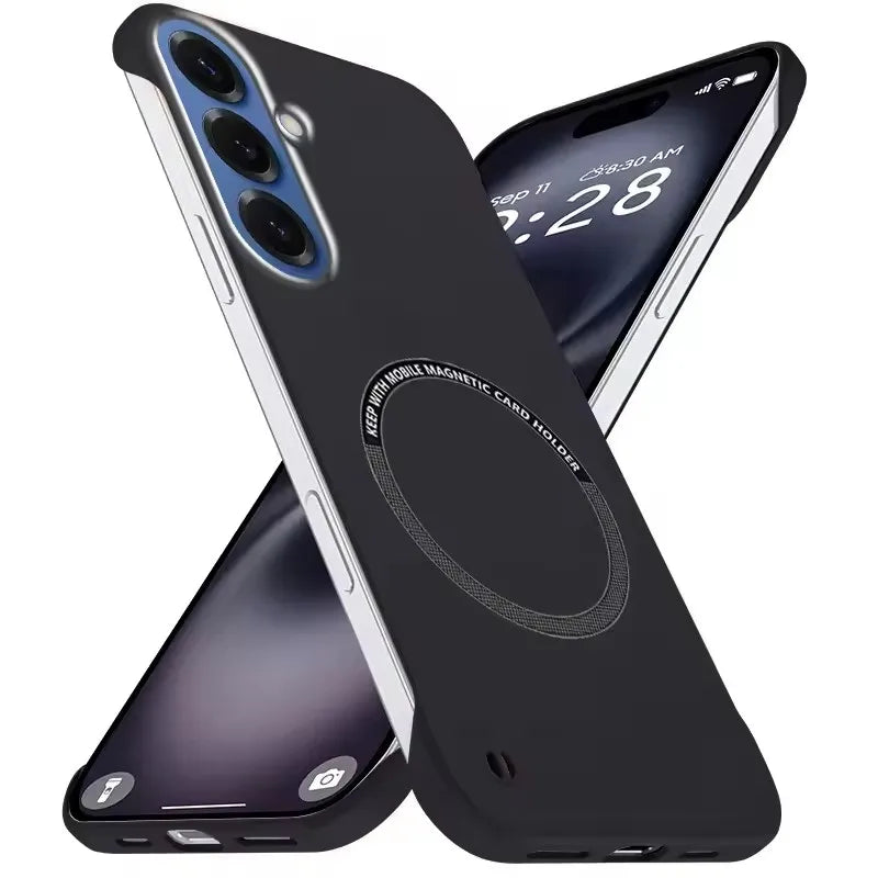 Black frameless matte magnetic slim case for Samsung Galaxy Note 20 Ultra and S26 series, back and front views