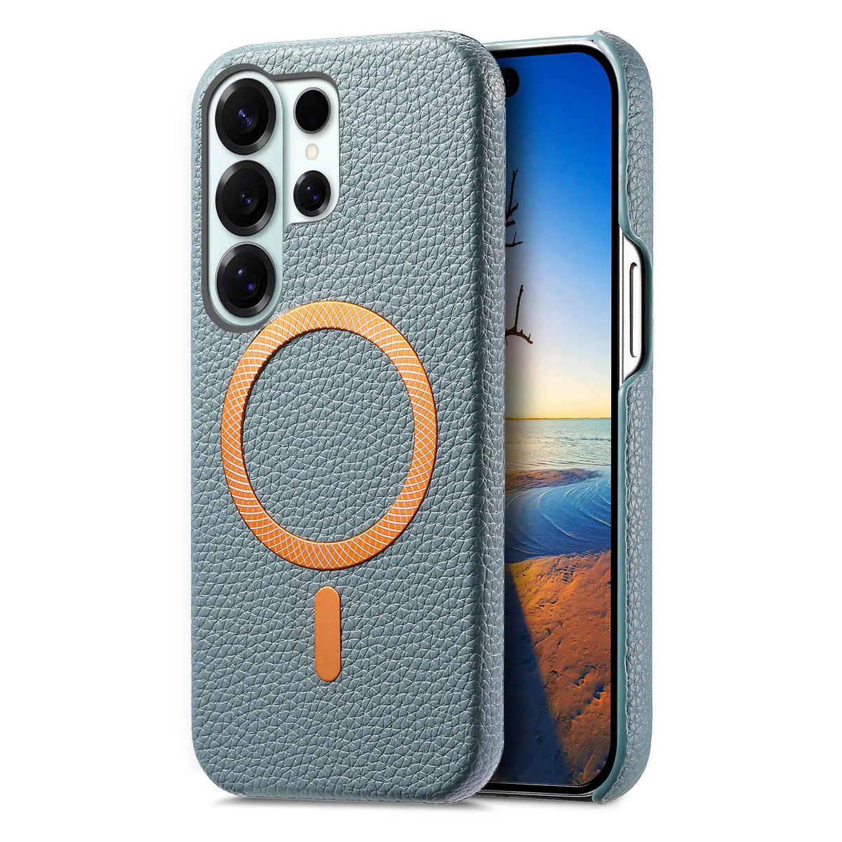 Blue lychee leather MagSafe slim case for Samsung Galaxy S26, S25, S24 and Galaxy A56, rear and front angle view