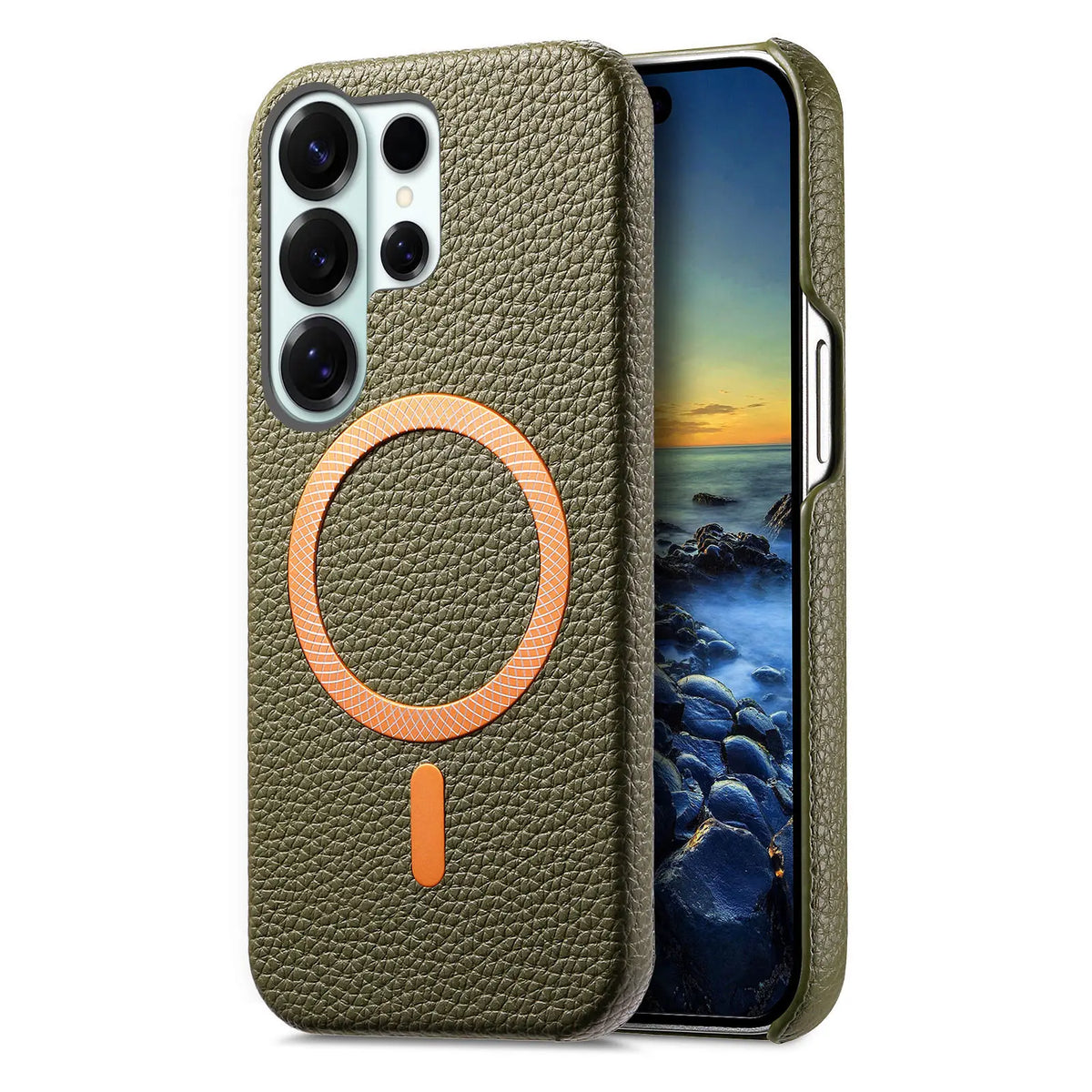 Green lychee leather MagSafe slim case for Samsung Galaxy S26, S25, S24 and Galaxy A56, rear and front angle view