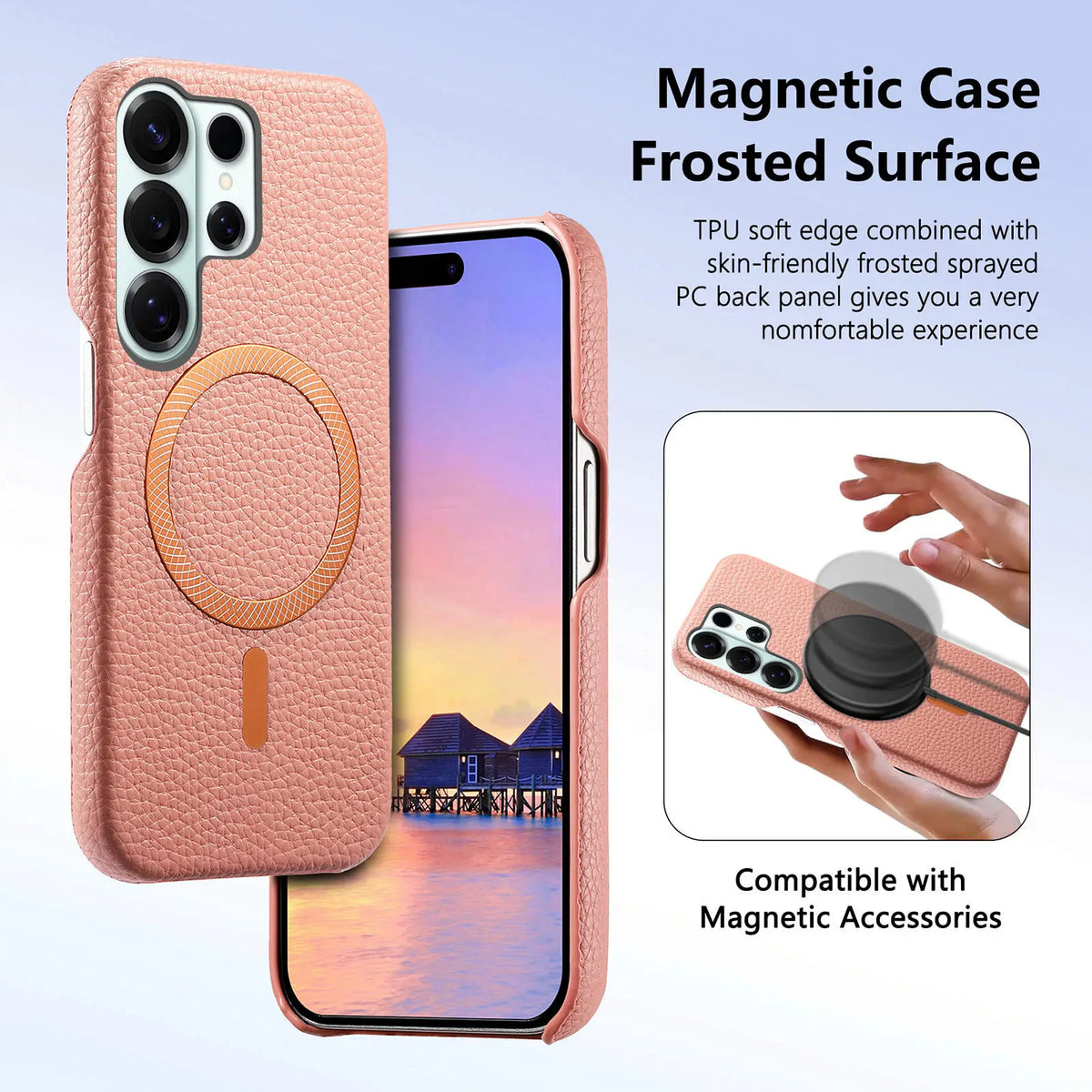 Frosted PC backplate, soft TPU bumper frame and MagSafe magnetic accessory compatibility on the Galaxy leather case