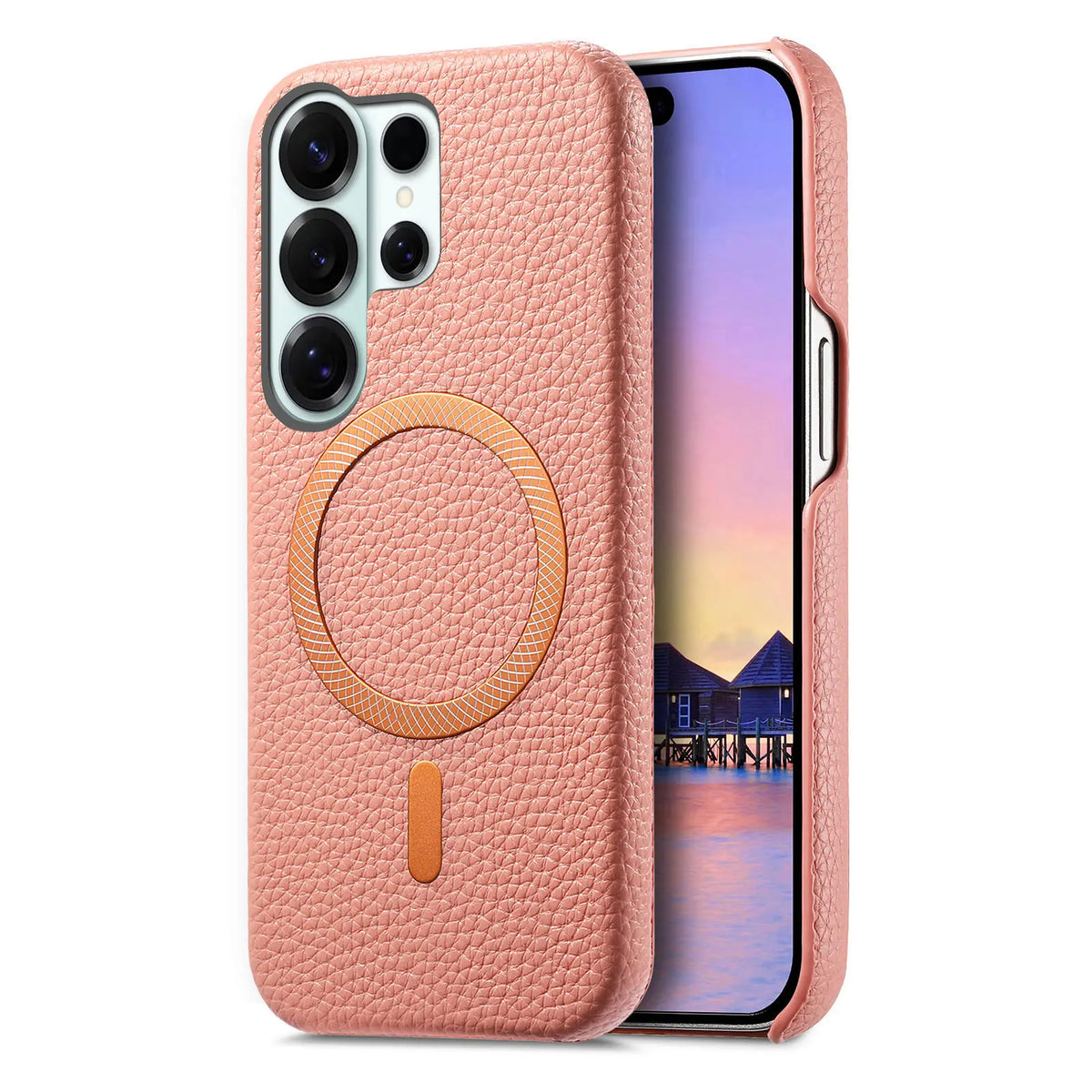 Pink lychee leather MagSafe slim case for Samsung Galaxy S26, S25, S24 and Galaxy A56, rear and front angle view