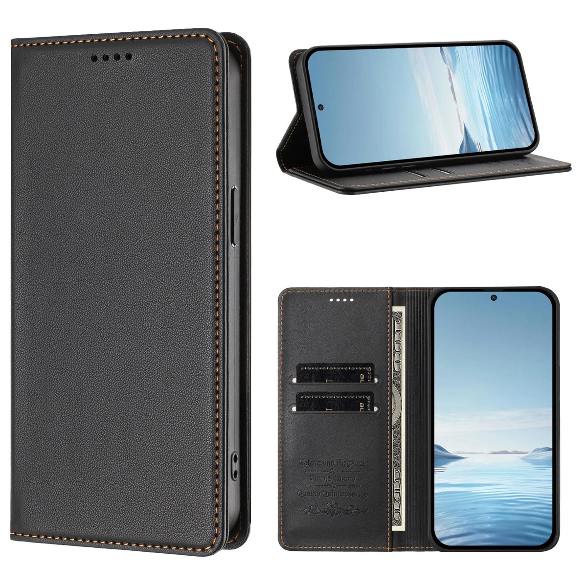 Three-angle overview of the Galaxy S26 and S25 magnetic leather wallet case showing kickstand and card slots