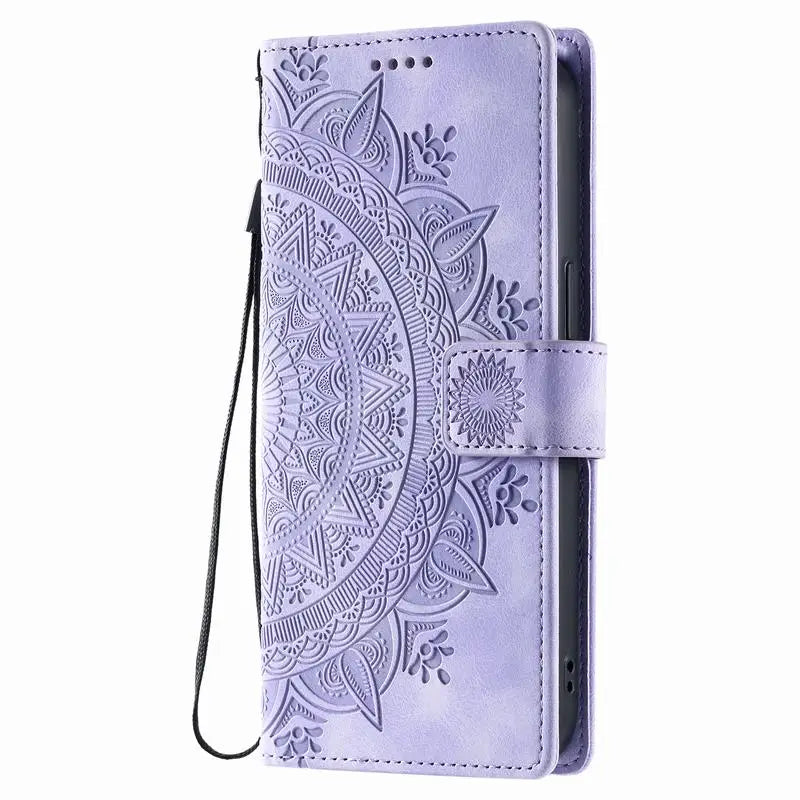 Purple mandala embossed Galaxy wallet case with wrist strap, closed front view