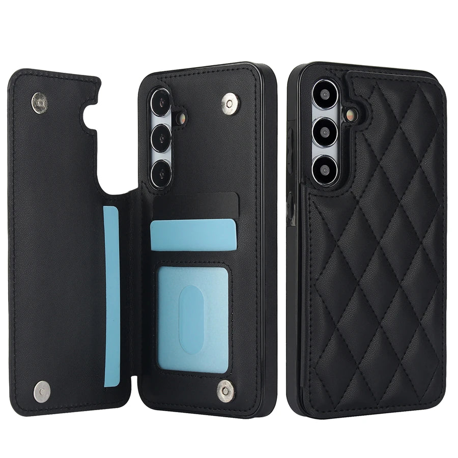 Black quilted leather card holder wallet case for Samsung Galaxy A51 and A50, open card slot and closed back views