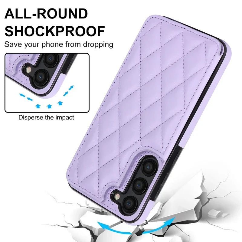 Shock-absorbing TPU corner bumpers protecting the Samsung Galaxy A phone against drops