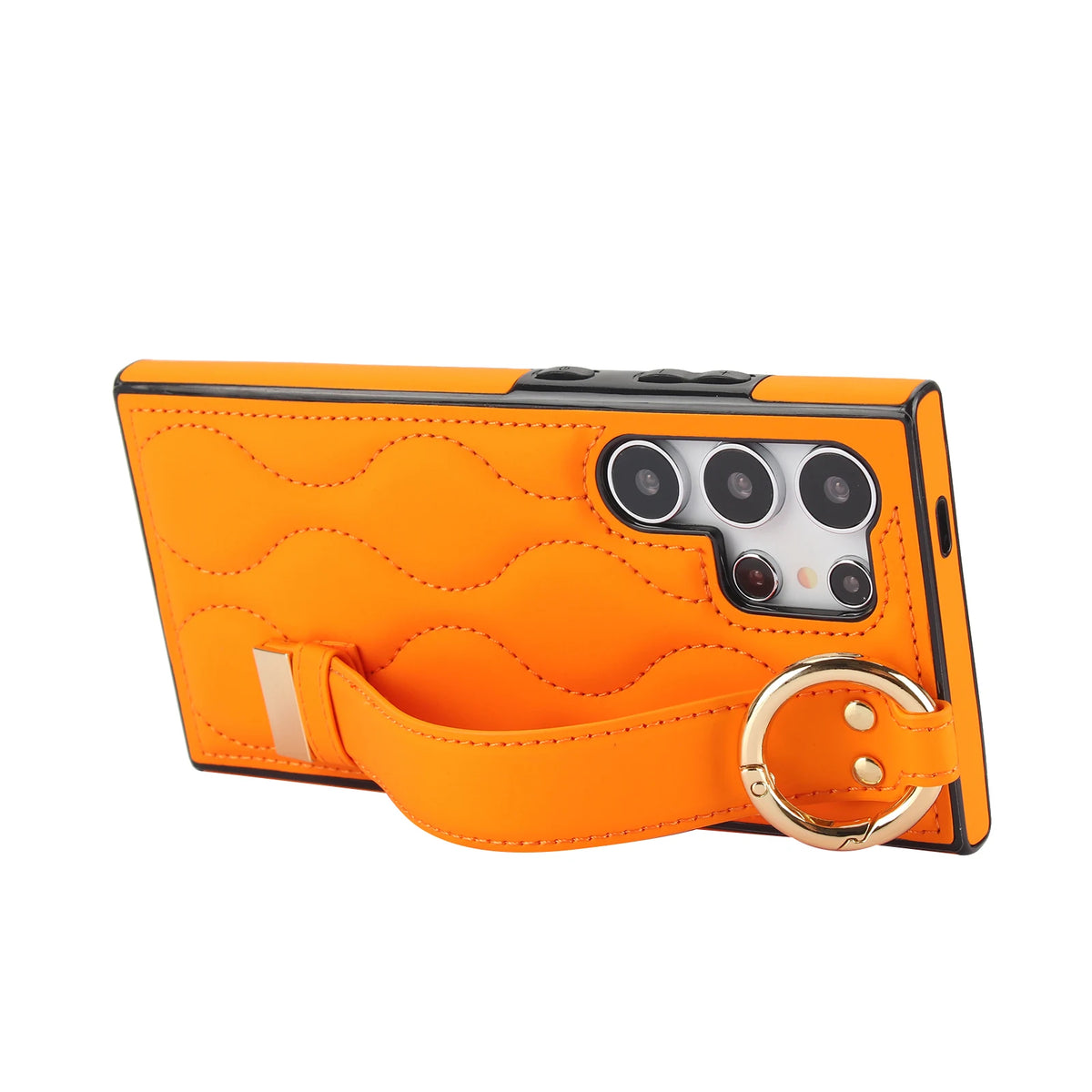 Rear leather wrist strap folded out as a horizontal kickstand on the Samsung Galaxy S series case