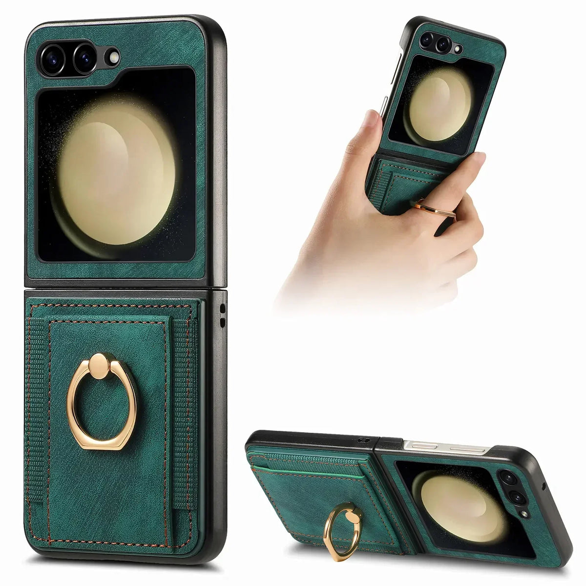 Green Galaxy Z Flip ring stand wallet case, held by the ring and standing as a kickstand