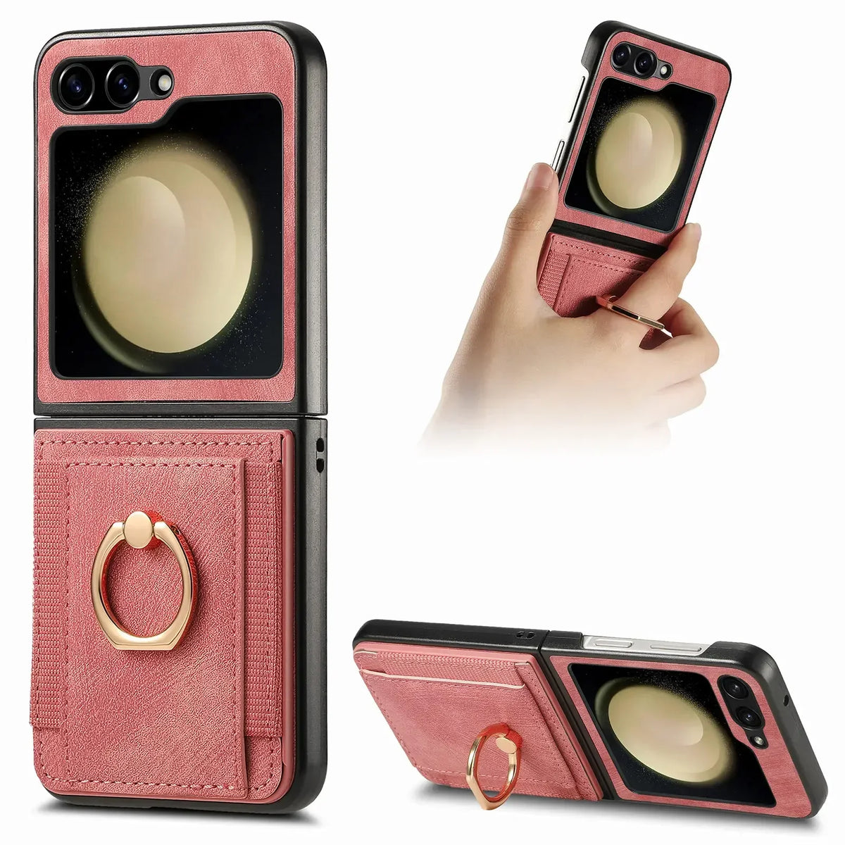 Pink Galaxy Z Flip ring stand wallet case, held by the ring and standing as a kickstand