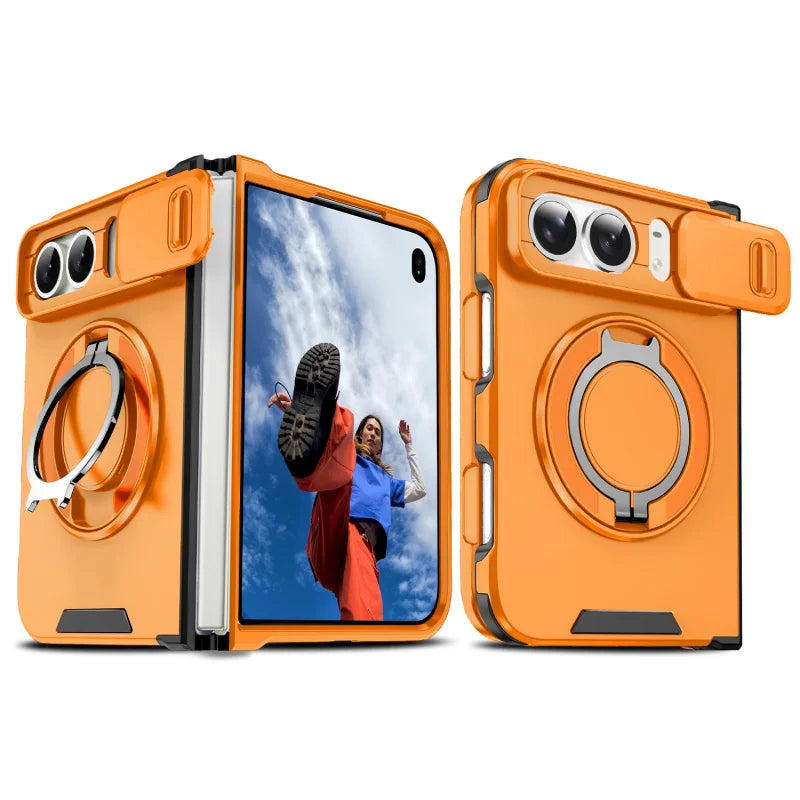 Orange rugged armor case with sliding camera cover and magnetic ring stand for iPhone Duo, unfolded and back views