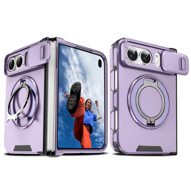 Purple rugged armor case with sliding camera cover and magnetic ring stand for iPhone Duo, unfolded and back views
