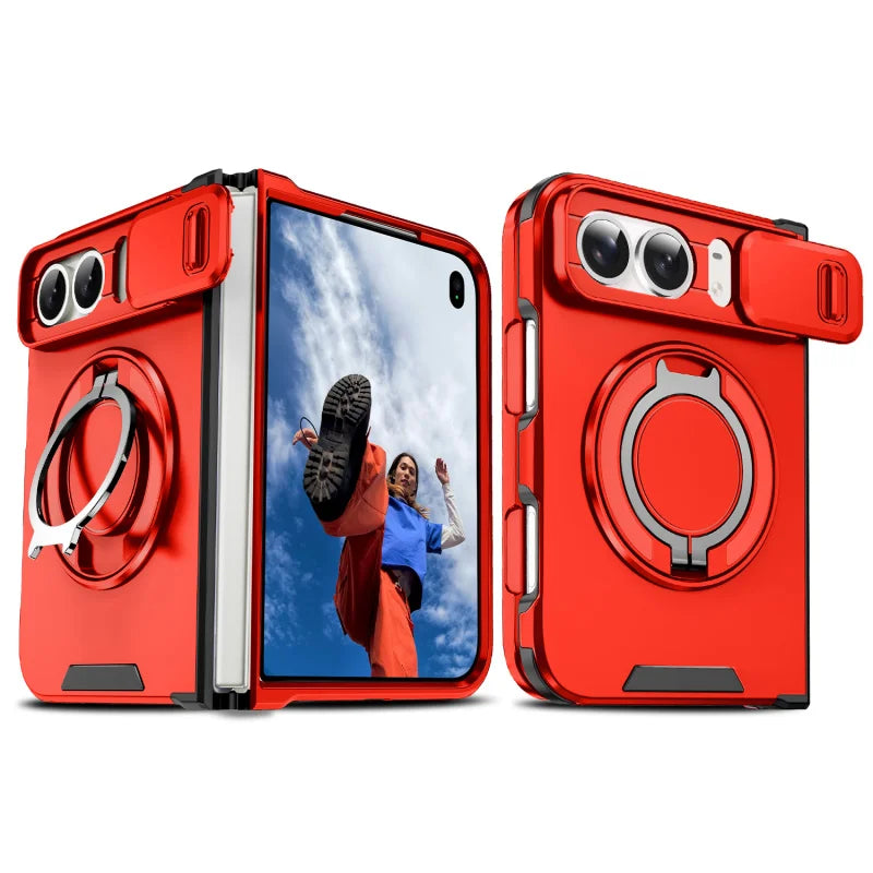 Red rugged armor case with sliding camera cover and magnetic ring stand for iPhone Duo, unfolded and back views
