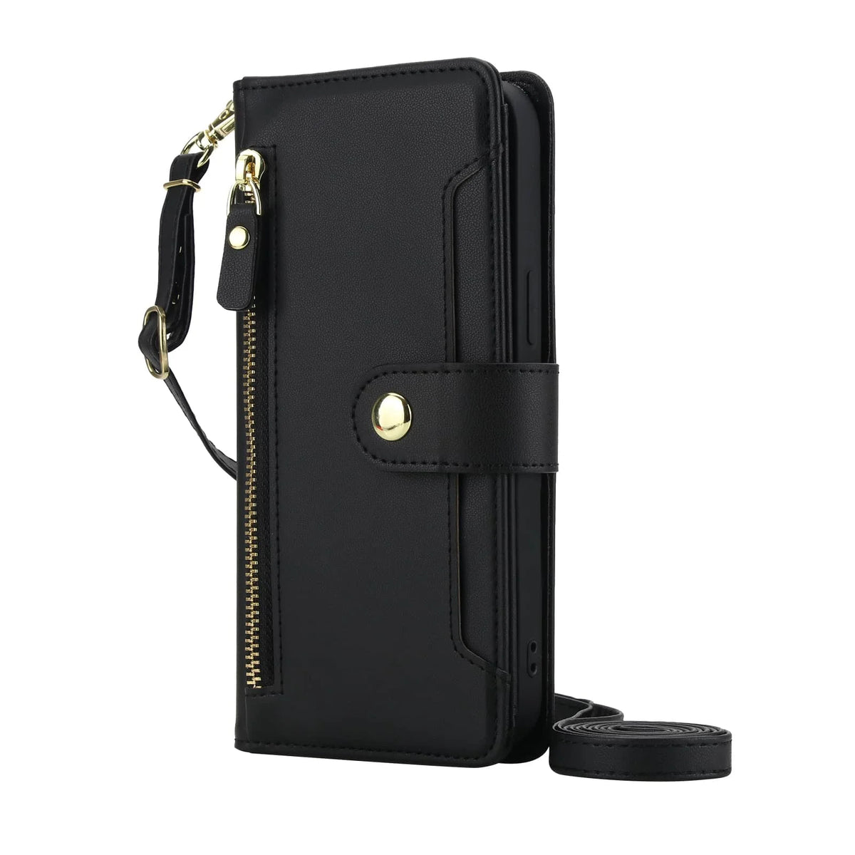 Black zipper tri-fold crossbody leather wallet case for Samsung Galaxy A series with wristlet and shoulder strap