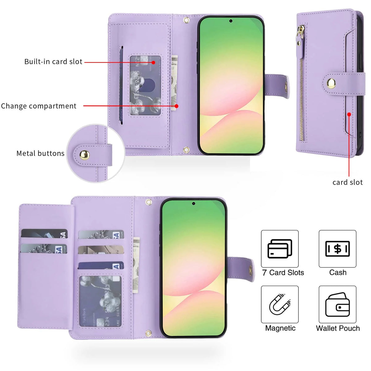 Tri-fold interior diagram of the Galaxy A series wallet case showing 7 card slots, cash pocket and magnetic snap button