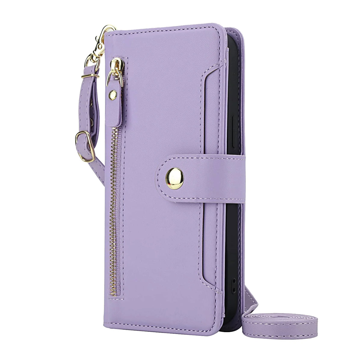 Light purple zipper tri-fold crossbody leather wallet case for Samsung Galaxy A42 and A51 4G with wrist and shoulder straps