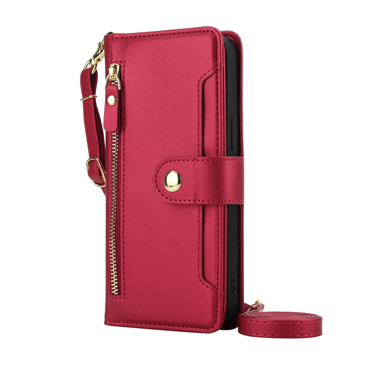 Red zipper tri-fold crossbody leather wallet case for Samsung Galaxy A series with wristlet and shoulder strap