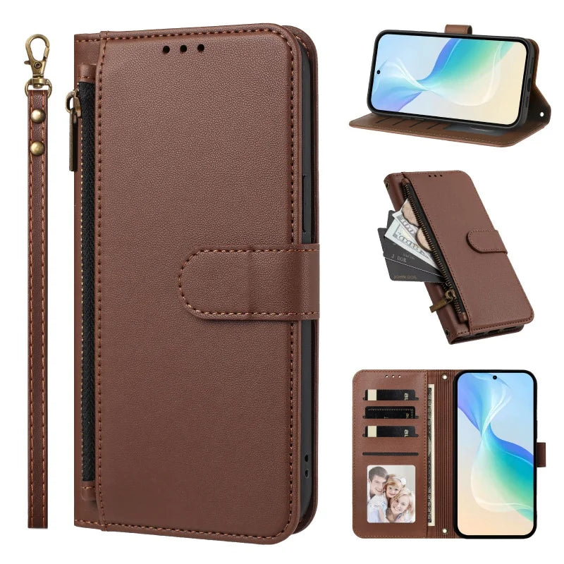 Brown Galaxy A zipper wallet case with wrist strap, front, stand and card slot views