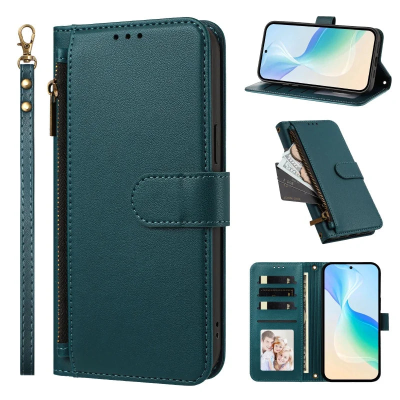 Dark green Galaxy A zipper wallet case with wrist strap, front, stand and card slot views