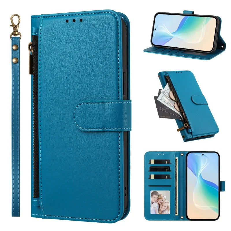 Lagoon blue Galaxy A zipper wallet case with wrist strap, front, stand and card slot views