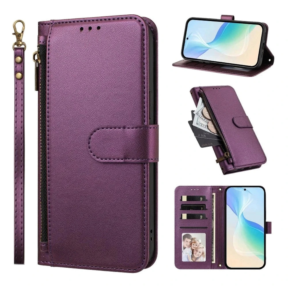 Violet zipper leather wallet case with wrist strap for Samsung Galaxy A series, front, open and card slot views
