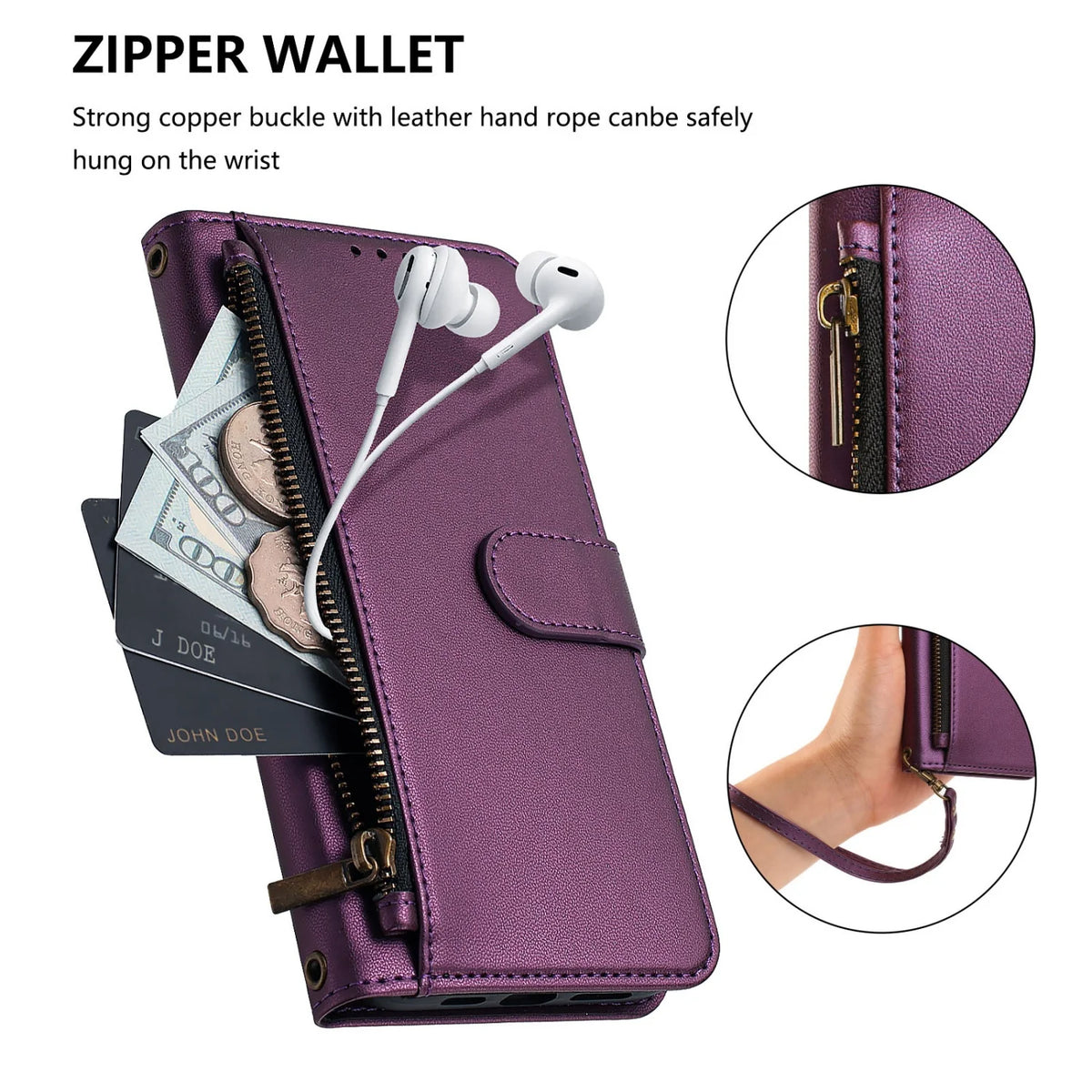 Zipper pocket holding cash, cards and earbuds on the Galaxy A wallet case with wrist strap