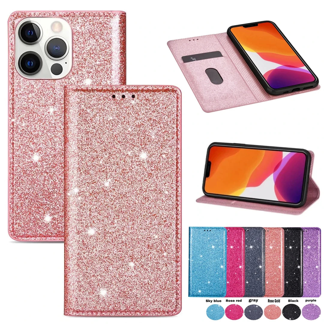 Glitter Wallet Case iPhone 18 Pro/Max, front & back