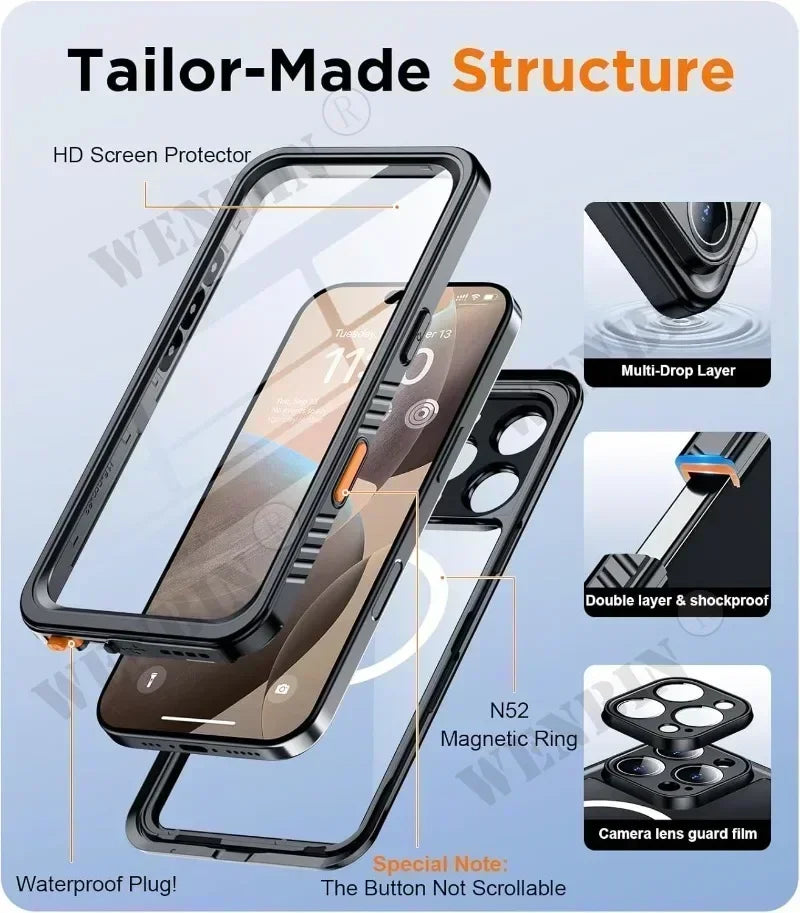 PureGuardCases IP68 Waterproof iPhone Case – Full Body MagSafe Shockproof Cover