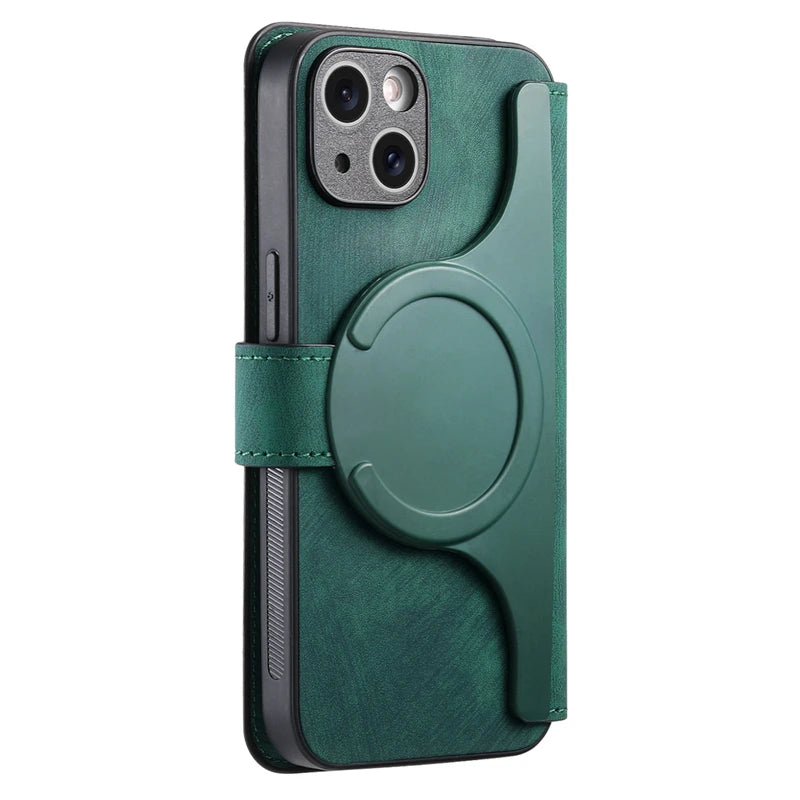 Green 2-in-1 detachable MagSafe magnetic flip card holder wallet case for iPhone 18 to 11 series