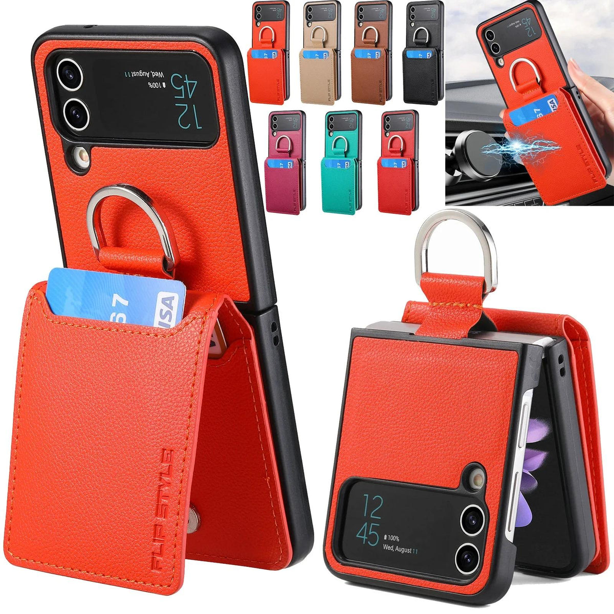 Multi-angle overview of the magnetic ring holder leather card slot case for Samsung Galaxy Z Flip series