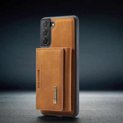 Brown 2-in-1 detachable magnetic leather flip wallet case for Samsung Galaxy S25, Note 20 Ultra and A series, open and closed