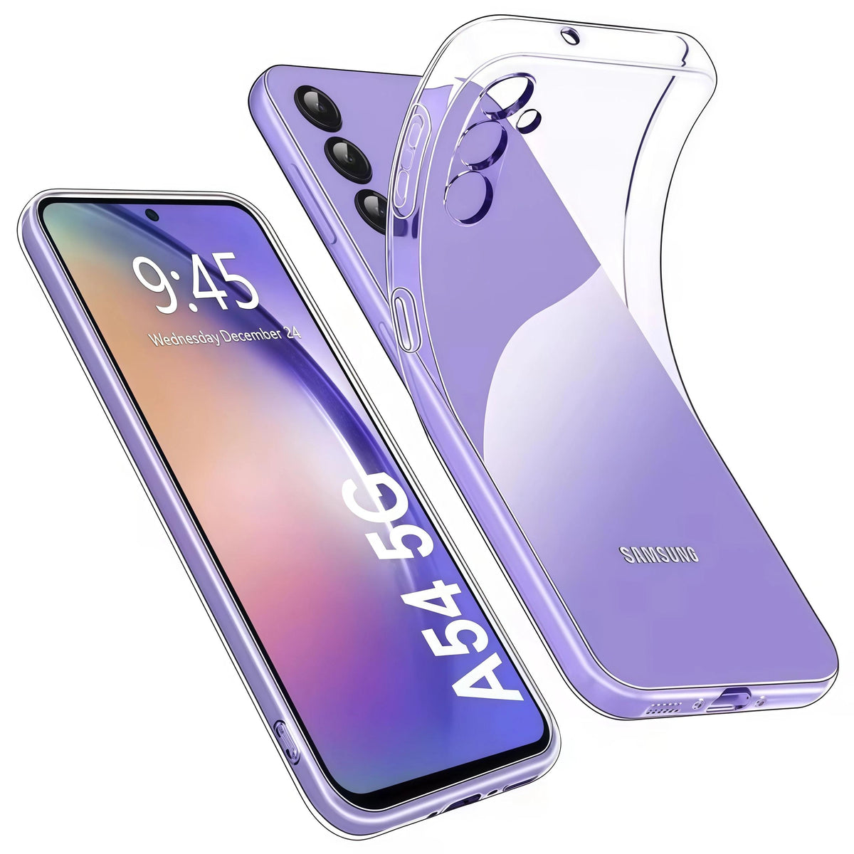 Ultra-thin crystal clear soft TPU case for Samsung Galaxy A42 5G, A32, A52, A72, A22 and A12 showing front, back and flexible TPU shell views