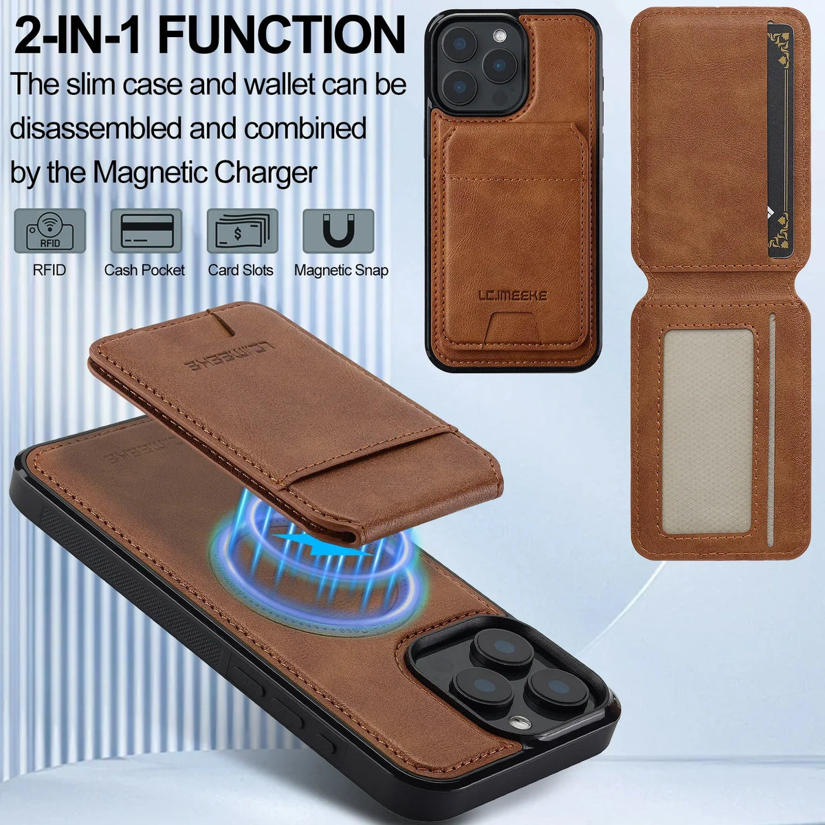 Magnetic separation view showing the detachable MagSafe card wallet hovering over the leather iPhone case