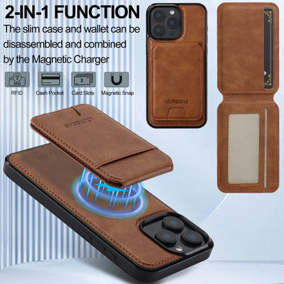 Magnetic separation view showing the detachable MagSafe card wallet hovering over the leather iPhone case