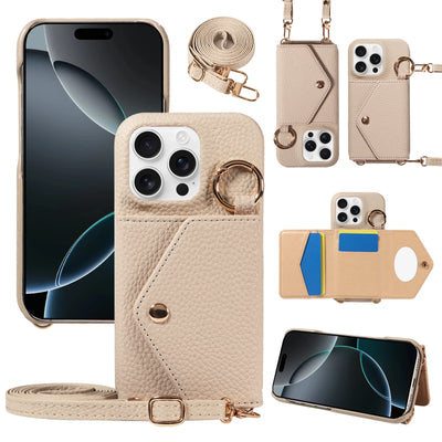 PureGuardCases PU Leather Crossbody Wallet iPhone Case – Mirror Card Holder Protective Cover