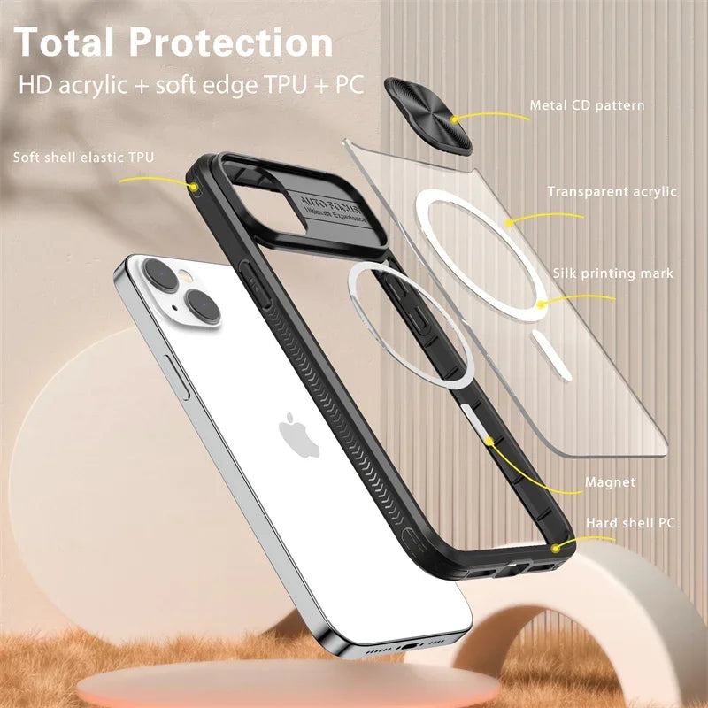 PureGuardCases Slide Camera Lens Acrylic iPhone Case – MagSafe Magnetic Cover