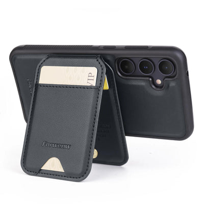 Black 2-in-1 detachable MagSafe magnetic card holder leather case for Samsung Galaxy S26 series showing open stand