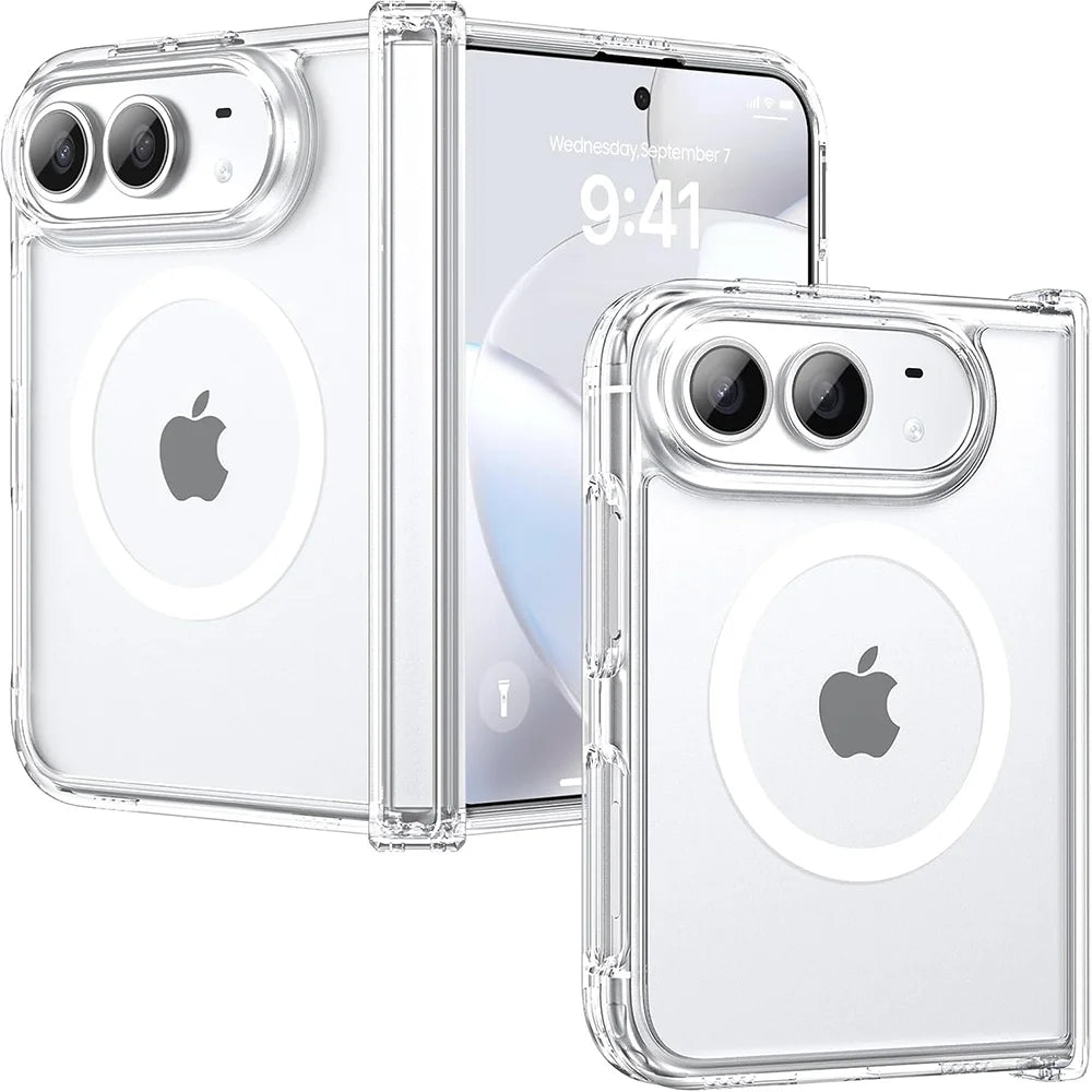 Clear MagSafe shockproof hinge protection case for iPhone Duo, front and back views