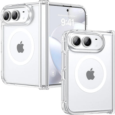 Clear MagSafe shockproof hinge protection case for iPhone Duo, front and back views