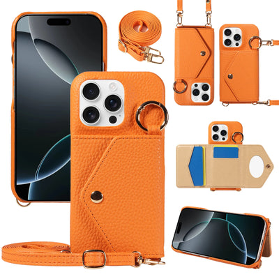PureGuardCases PU Leather Crossbody Wallet iPhone Case – Mirror Card Holder Protective Cover