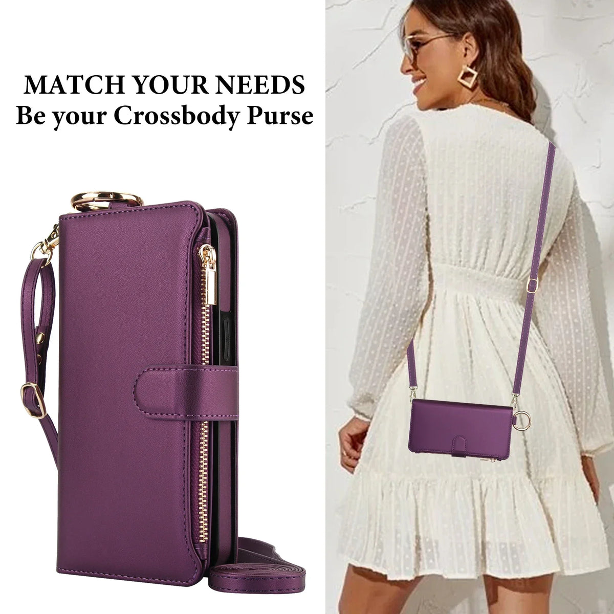 Crossbody Zipper Leather Wallet Case with Strap for iPhone 11-18 & Air - image 7