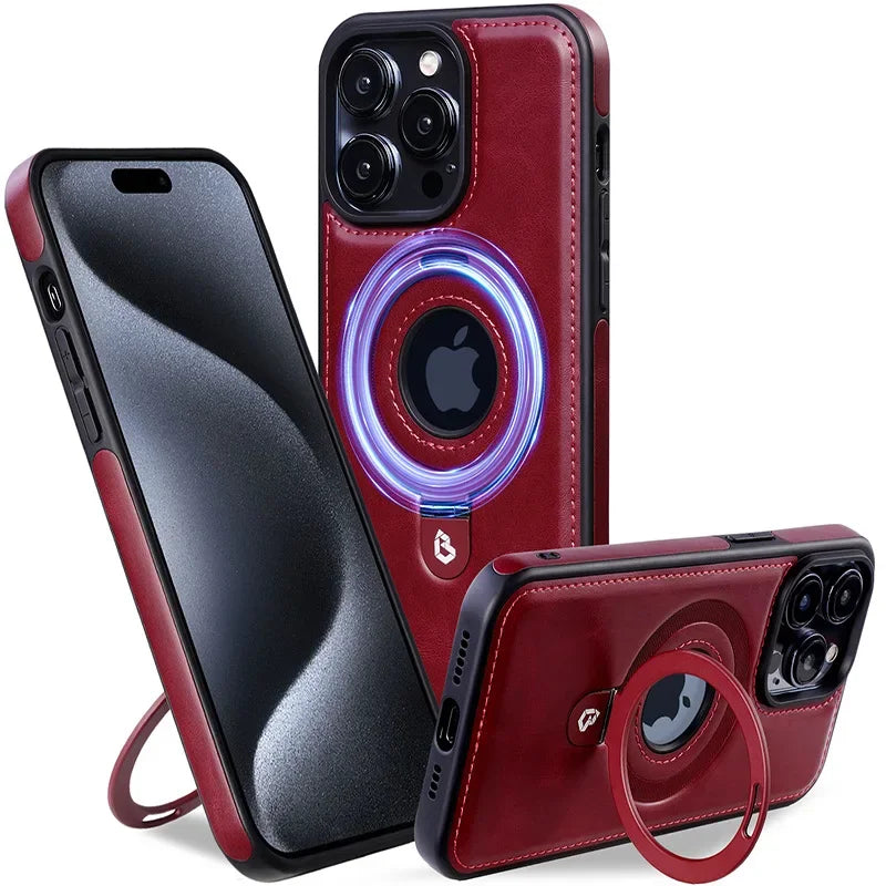 PureGuardCases Folding Ring Stand Leather iPhone Case – MagSafe Magnetic Cover