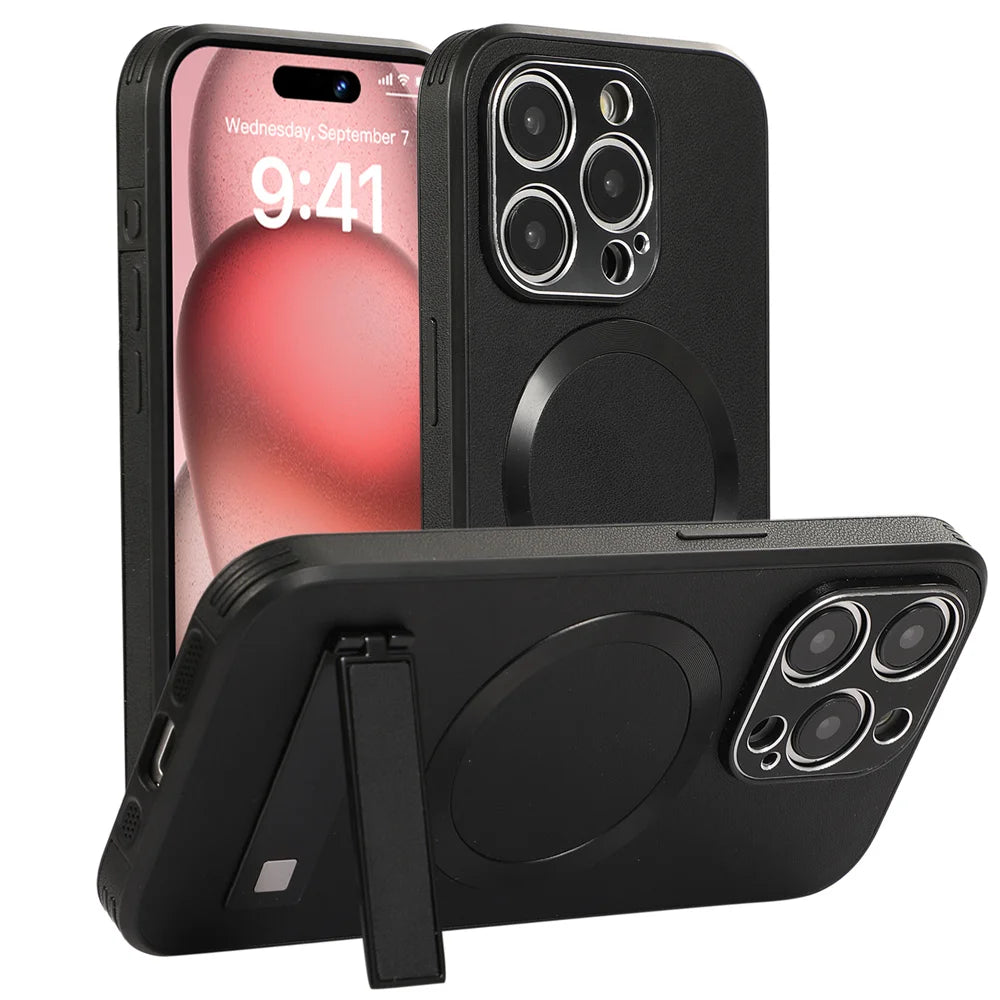 PureGuardCases Luxury Leather Stand iPhone Case – MagSafe Shockproof Cover
